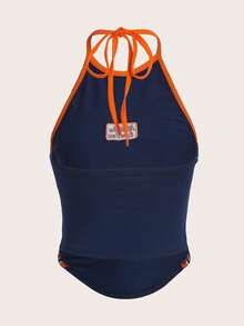 SHEIN ICON Bikercore Buchstaben Stickerei Kontrastbindung Neckholder Sommer Top - marineblau - Übersicht 2