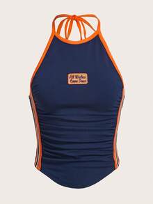 SHEIN ICON Bikercore Buchstaben Stickerei Kontrastbindung Neckholder Sommer Top - marineblau - Übersicht 6