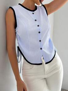 SHEIN LUNE Women Striped Single-Breasted Side Drawstring Round Neck Sleeveless Casual Top - Baby Blue - View 5