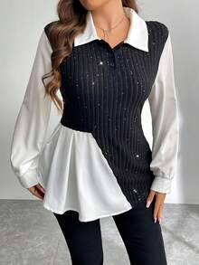 Firerie Top de mujer talla grande con lentejuelas, patchwork, contraste de color y bajo asimétrico - Multicolor - Ver 4