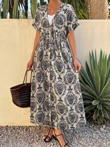 FRIFUL Women's Casual Vacation All-Over Print Dress Sundress Boho - Black and White - View 4