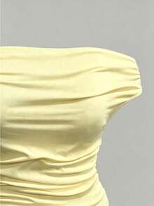 INAWLY Plus Size Summer Casual Elegant Eleganza Solid Color Off-Shoulder T-Shirt Formal Date Night Butter Yellow - Pale Yellow - View 5