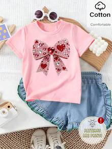 Souflis Souflis Kaos Pendek Musim Panas Warna Pink Modis untuk Anak Perempuan, Cocok untuk Ulang Tahun Pertama, Atasan Dasar Minimalis dengan Motif Pita Mengkilap, Pakaian Kasual Sehari-hari yang Nyaman - Berwarna merah muda - View 3