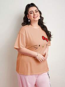 HELLO KITTY AND FRIENDS | SHEIN Plus Size Cartoon Pattern Drop Shoulder Casual Summer T-Shirt - Pink - View 3