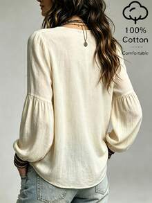 SHEIN Cream White Washed Textured Fabric Deep V-Neckline Double-Sided Multi-Pleated Shoulder Micro-Petal Sleeve Patchwork Ruched Loose Lantern Mid-Sleeve A-Line Flared Loose Blouse - Apricot - View 2