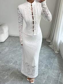 SHEIN Elenzya 2pcs Set Exquisite Hollow Lace Frog Button Top & High Waist Long Skirt - White - View 7