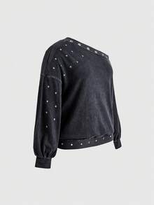 ROMWE Grunge Punk Punk Studs & Rivets Decor Versatile Autumn/Winter Comfortable Cotton-Feel Washed Effect Asymmetric Neck Pullover Sweatshirt Plus Size - Dark Grey - View 5