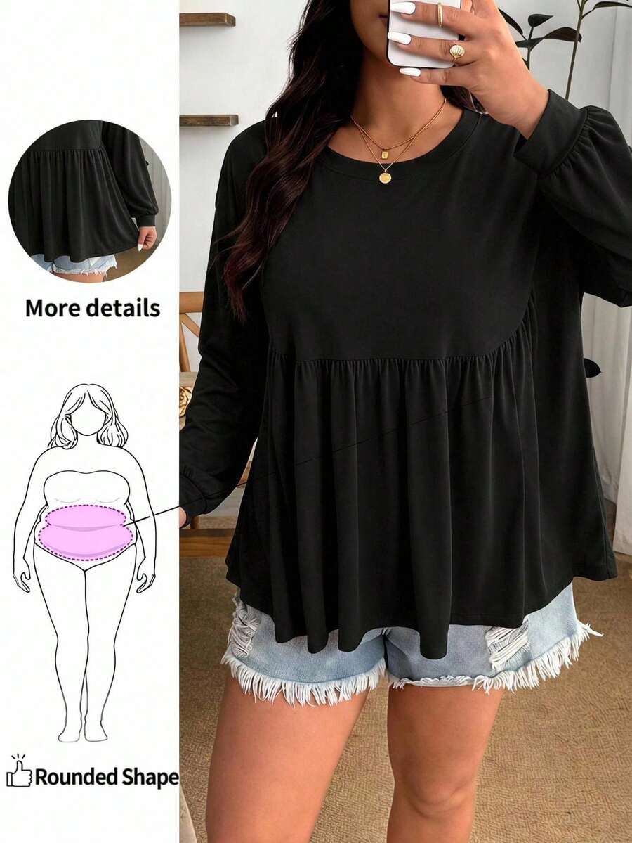 Enliva Kaos Lengan Panjang Wanita Ukuran Besar, Atasan Kasual Ringan untuk Pakaian Sehari-hari di Musim Gugur - Hitam - View 1