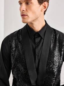 Officeau Men's Black Sequin Waistcoat, Glamorous Tuxedo For Party/Stage/Performance, Gift For Father/Husband - Black - View 7
