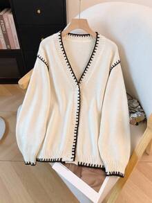 SHEIN VCAY Plus Size Women's Contrast Color Single-Breasted Long Sleeve Knit Top Autumn Graduation Evening Formal Smart Baggy Black And White Casual - Black and White - View 1