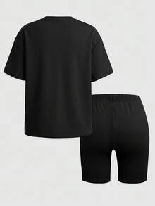 SHEIN Tween女孩夏季軟綿針織寬鬆兩件套，休閒日常時尚百搭套裝，適合夏季度假、露營、姐妹穿搭、家庭穿搭、拍照拍攝 - 黑色 - 查看 2