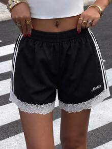 Muchica Women's Fashion Letter Stripe Print Lace Patchwork Shorts, Sexy Style - Black - View 5