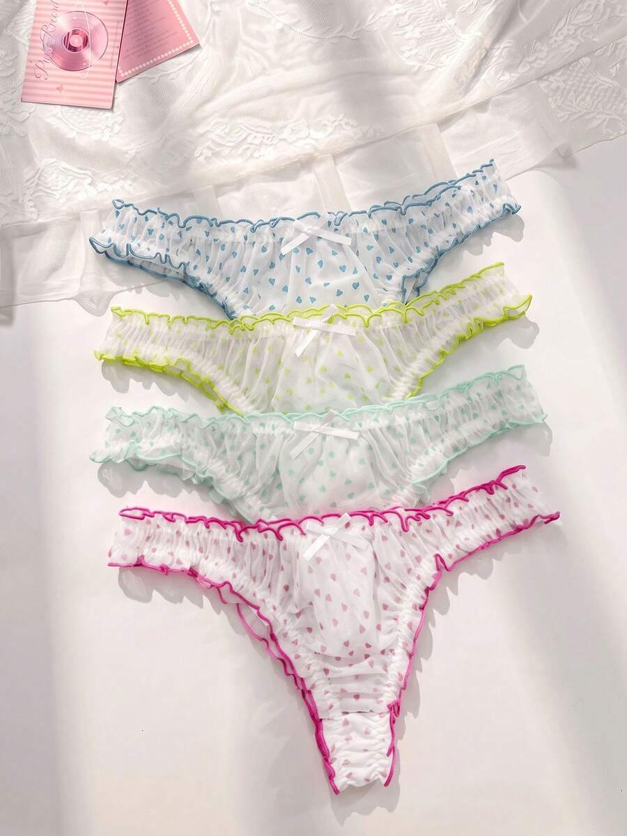 PetitDoll 4件組大尺碼甜美愛心荷葉邊蝴蝶結三角內褲 - 彩色 - 查看 1