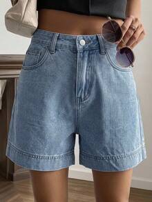 Livesso Women's High-Waist Blue Solid Color Washed Cotton Casual Loose Button Straight Leg Cuffed Denim Shorts, Summer & Autumn - Blue - View 6