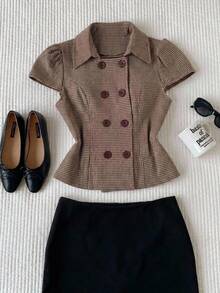 Comfortcana Jaket Trench Coat Kasual Kancing Ganda Motif Houndstooth untuk Wanita - MultiWarna - View 7