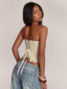 SHEIN BAE Women's Solid Color Lace Patchwork Bandeau Top - Apricot - View 2