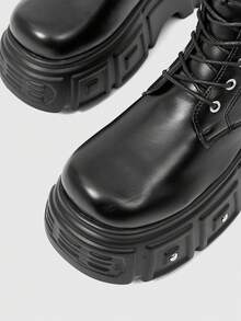 Sugerpunk Women Heeled Sandals Platform Punk Boots Skull Rivet Chain Dark Pu Platform Locomotive Booties Fall Shoes - Black - View 4