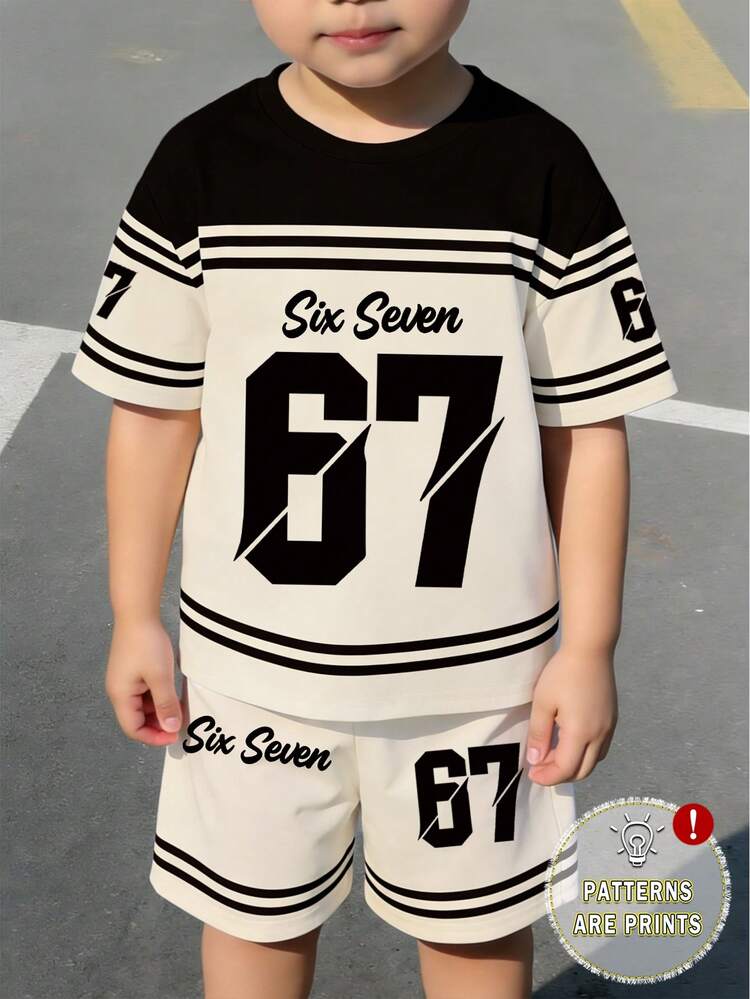 SHEIN Explorewe Conjunto de 2 piezas/Set para niños jóvenes, camiseta de manga corta con estampado de letras y rayas negras & beige con número 67, y pantalones cortos, estilo casual y elegante, cómodo para uso diario en verano - Multicolor - Añade 1