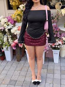 GalTyme 大尺碼女款露肩拼色百褶休閒百搭日常穿搭T恤 - 黑色 - 查看 5