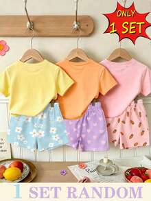 (Patrón Aleatorio, 1 Set Aleatorio) Camiseta Corta Básica + Pantalones Cortos con Patrón Kawaii de Abeja, Conejo y Mariposa de Dibujos Animados Frescos y Lindos para Bebé y Niña Pequeña - Multicolor - Ver 2