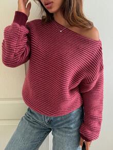 DAZY Women's Striped Loose Asymmetrical Shoulder Long Sleeve Casual Vacation Spring Autumn Pullover Knit Sweater - Hot Pink - View 3