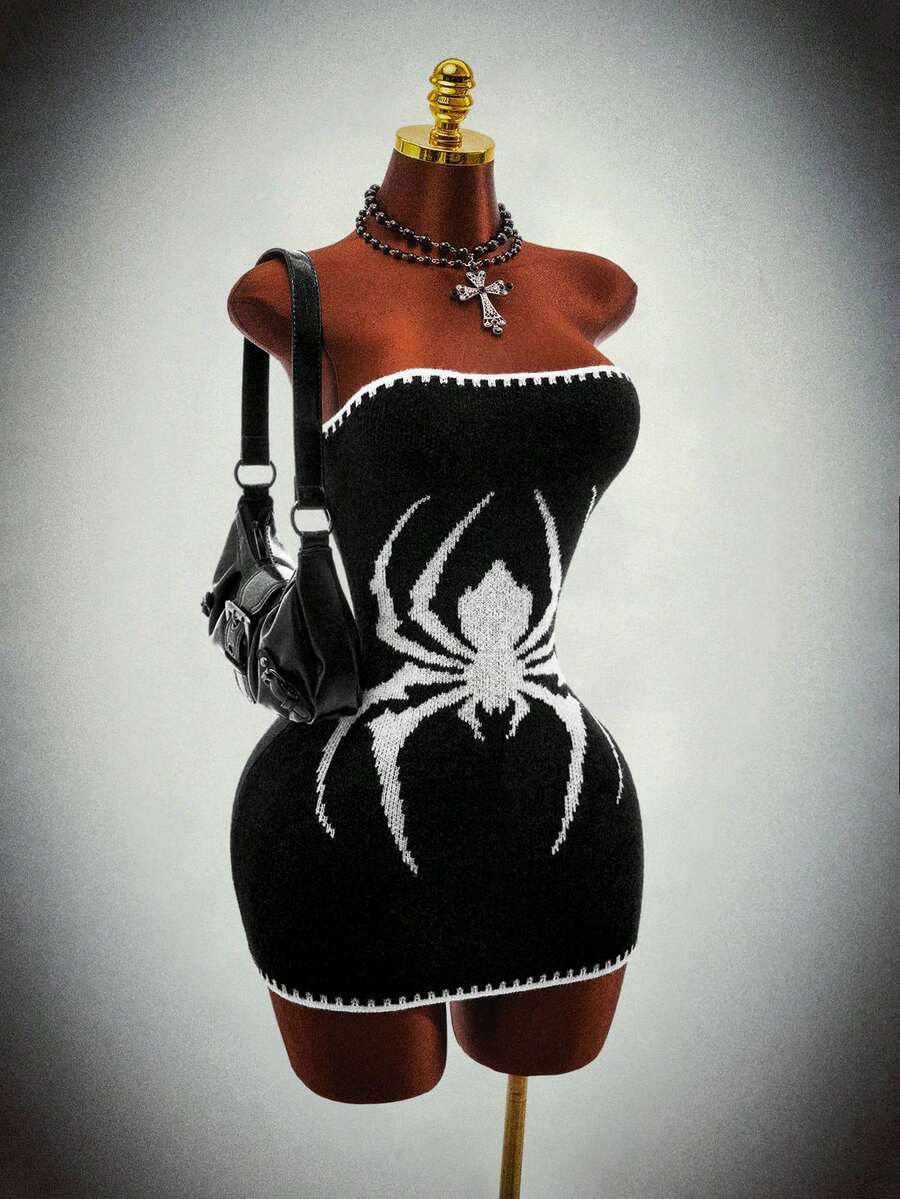 Amplova Women's Spider Pattern Mini Dress, Halloween Knit Bodycon Style, Black And White Checkered Contrast Color, Gothic Goth Sexy Outfit Night Out Clubbing - Black and White - View 1
