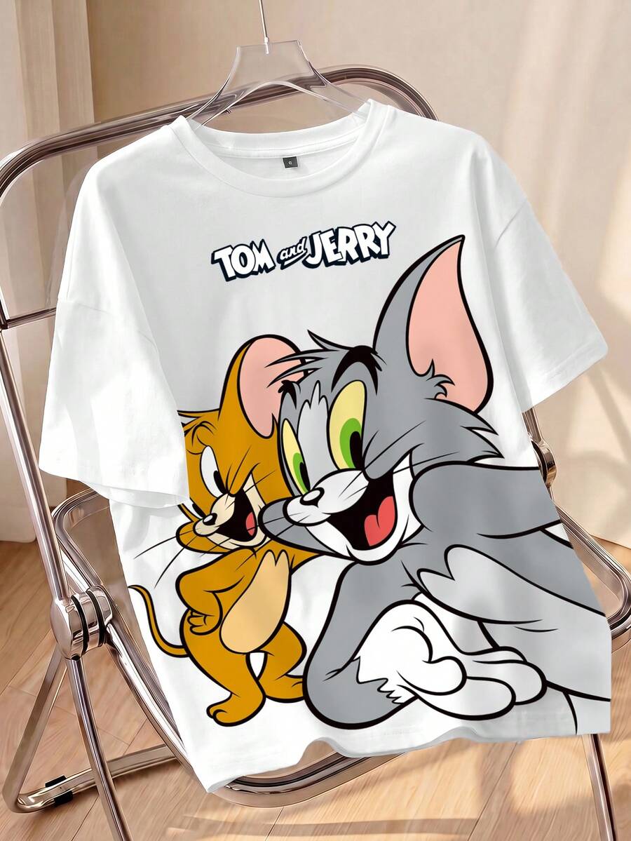 TOM & JERRY X SHEIN 女款字母印花圓領短袖休閒T恤 - 白色 - 查看 1