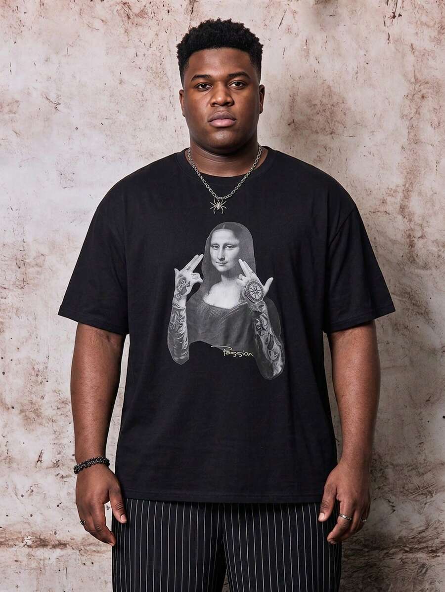 大尺碼男士休閒蒙娜麗莎與字母圖案圓領短袖T恤,寬鬆版型,輕量夏季哥德龐克街頭風Emo男孩圖案T恤 - 黑色 - 查看 1