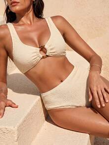 SHEIN Swim 夏季海滩女士圆环连体比基尼套装婚礼 - 米色 - 查看 1