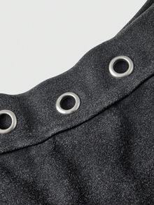 ROMWE Grunge Punk Punk Studs & Rivets Decor Versatile Autumn/Winter Comfortable Cotton-Feel Washed Effect Asymmetric Neck Pullover Sweatshirt Plus Size - Dark Grey - View 3
