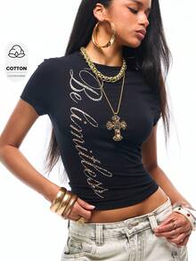 Vadaroq Women's Letter Print Fitted Versatile Casual T-Shirt - Black - View 1
