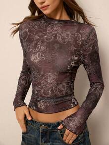 Freevana Boho Vintage Paisley Print See Through Mesh Long Sleeve Turtleneck Bodycon Layering Top For Women - Mocha Brown - View 4