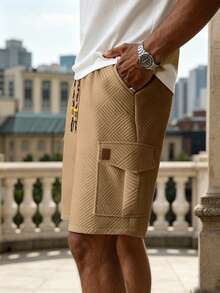 Manfinity Homme Plus Size Men's Knit Textured Fabric Casual Shorts - Khaki - View 7