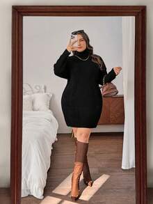 SHEIN Privé 大码女式舒适休闲日常高领阿兰针织宽松直筒毛衣连衣裙，白色，秋冬 - 黑色 - 查看 1