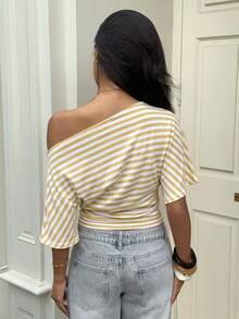 Aloruh Asymmetrical Shoulder Loose Top With Ruched Waist, Simple Basic T-Shirt - Light Yellow - View 2