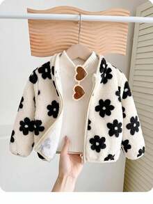 Jaket Kerah Tegak Bermotif Bunga Lembut Serbaguna untuk Bayi Perempuan, Cocok untuk Musim Gugur/Dingin - Hitam dan Putih - View 3