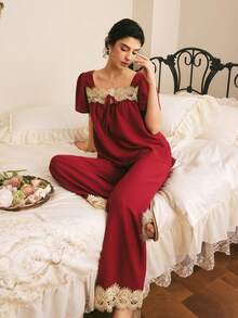 Côtesoire Women's Elegant Lace Patchwork Tie-Up Top And Long Pants Pajama Set - Burgundy - View 1