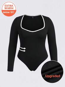 SHEIN BASICS Plus Size Casual Sexy Versatile Long Sleeve Bodysuit Autumn Going Out Formal Black And White - Black - View 1