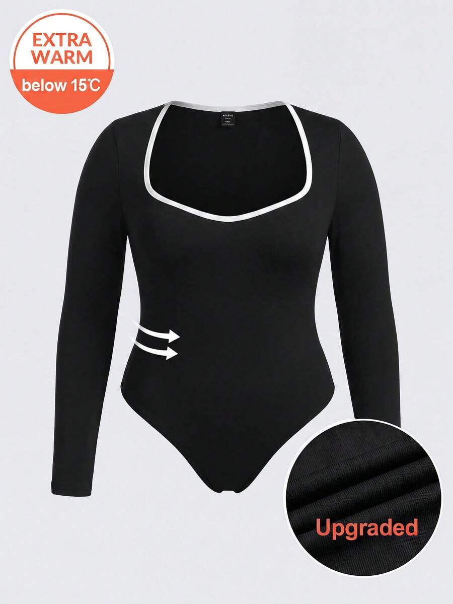 SHEIN BASICS Plus Size Casual Sexy Versatile Long Sleeve Bodysuit Autumn Going Out Formal Black And White - Black - View 1
