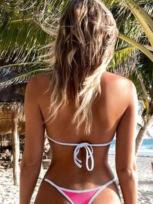 Swim Vcay Conjunto de bikini triangular con halter y ribete de contraste para playa de verano - Rosa Fucsia - Ver 5