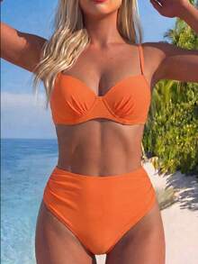 SHEIN Swim Women Summer Beach Solid Push Up Underwire Bikini Set Bathing Suit - Orange - View 1