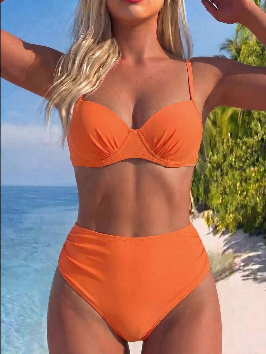 SHEIN Swim Women Summer Beach Solid Push Up Underwire Bikini Set Bathing Suit - Orange - View 1