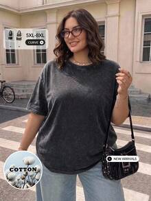 SHEIN CURVE+ Kaos Wanita Ukuran Besar Warna Hitam dengan Motif Kepingan Salju, Model Longgar, Bahan Rajut, dan Efek Usang. - Hitam - View 1