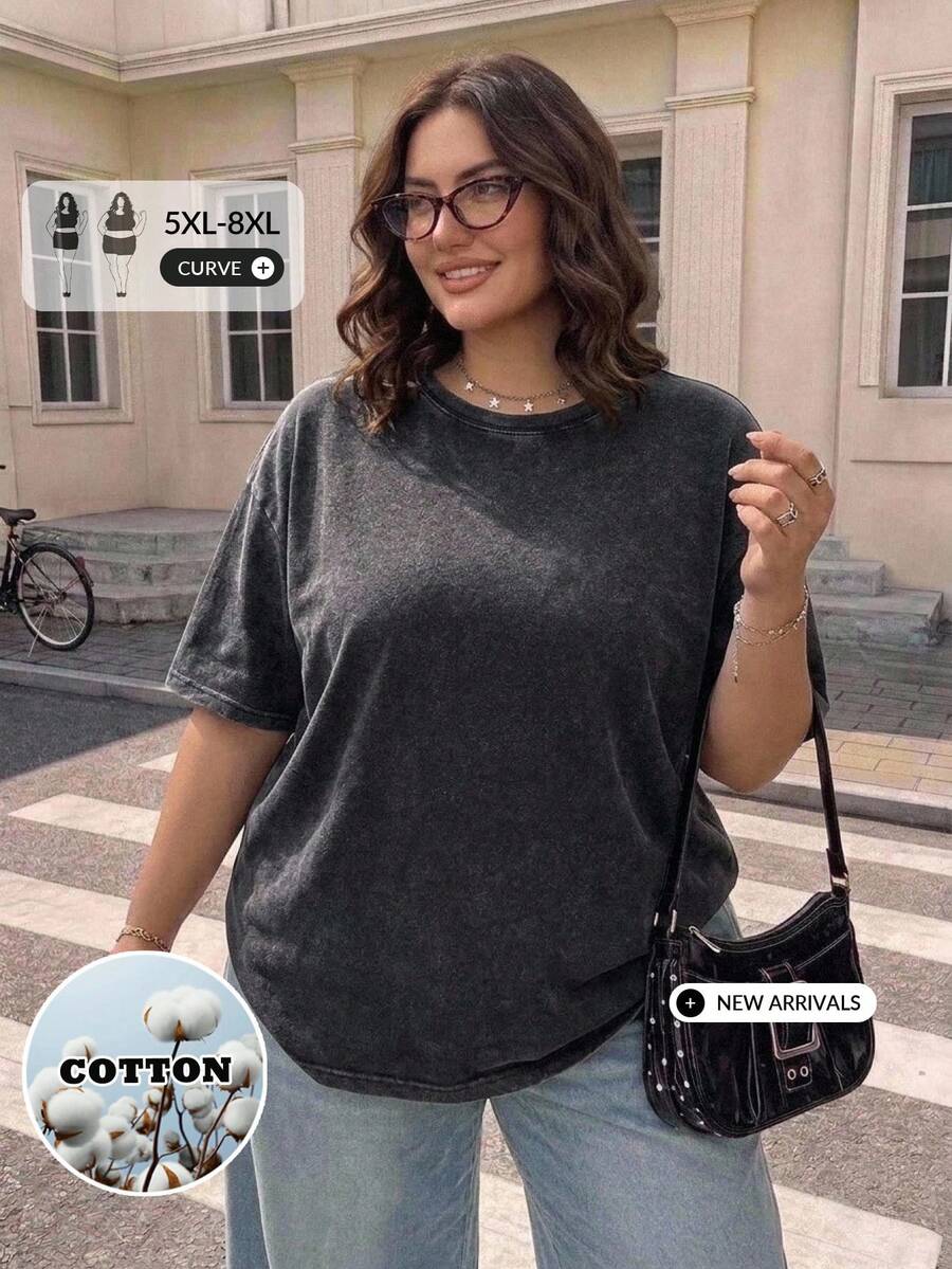 SHEIN CURVE+ Kaos Wanita Ukuran Besar Warna Hitam dengan Motif Kepingan Salju, Model Longgar, Bahan Rajut, dan Efek Usang. - Hitam - View 1