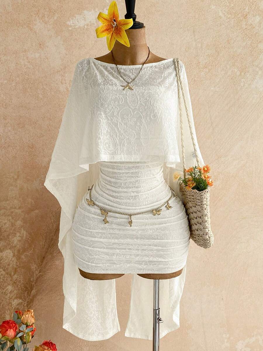 Soleia 性感優雅派對度假白色女款亮片透視不對稱單肩寬鬆下擺上衣抓皺迷你洋裝兩件套,波希米亞風,復古 - 米色 - 查看 1