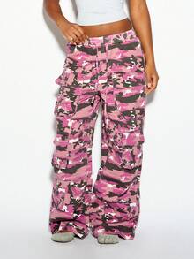 SUMWON WOMEN Wide Leg Cargo Pants With Pink Camouflage Print Low Rise Drawstring Waist Multi Pocket Utility Style Full Length - Purple - View 3
