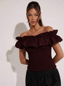 COSMINA Top elegante con hombros descubiertos y volantes negro para mujer - Burdeos - Ver 6
