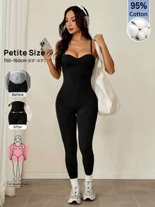 SHEIN PETITE Tuta aderente casual da donna con spalline sottili, tinta unita - nero - Visualizzare 12