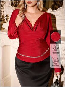 Auralis Plus Size Elegant Ladies Dress, Party Blouse, Red Long Sleeve Blouse, Elegant Swing Collar Ladies Dress, Long Sleeve Ladies Dress, Red Blouse, Christmas, Party Ladies Dress - Red - View 7