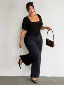 Firerie Plus Size Women's Solid Color Square Neck Casual Versatile Daily T-Shirt - Black - View 8